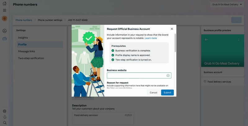 ¿cómo verificar su cuenta de empresa en whatsapp ? Proporcione la información requerida. Tiene que proporcionar información como el motivo por el que solicita una marca verde y hasta 5 enlaces de apoyo que demuestren que la empresa es notable. A continuación, haz clic en Enviar.