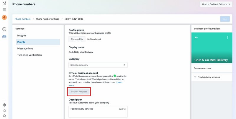 ¿cómo obtener la garrapata verde en whatsapp? Rellene los datos de su empresa y haga clic en el botón Enviar solicitud. Tenga en cuenta que el botón Enviar solicitud aparecerá en gris si su empresa no cumple los requisitos del sello verde de Meta.